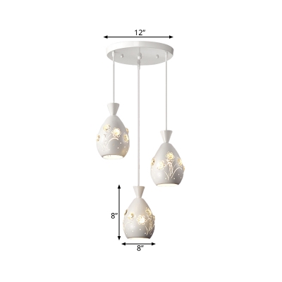 Metal Etched Teardrop Hanging Ceiling Light Minimalist 3-Light White Cluster Pendant with Inserted Crystal