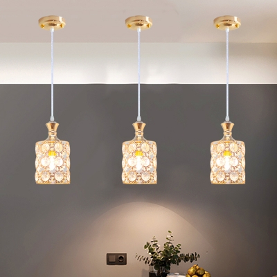 Minimalist Cylinder Crystal Ceiling Pendant 1-Head Suspension Lighting Fixture in Gold for Corridor