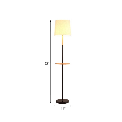 Minimalistic Bucket Fabric Floor Lamp 1 Head Reading Floor Light in Flaxen with Wood Tray