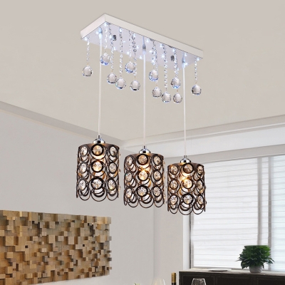 Modernist Domed Crystal Drop Lamp 3 Heads Multi Pendant Light Fixture in Black with Hollow-Out Design