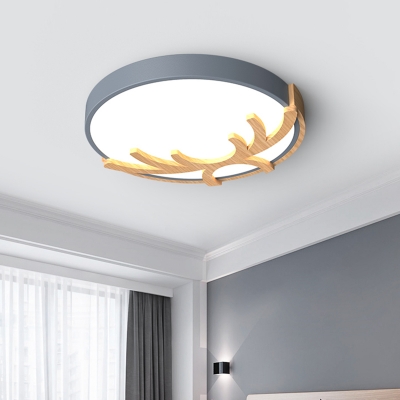 Nordic Antler and Circle Ceiling Lighting Iron Hotel LED Flush-Mount Light Fixture in White/Grey/Green