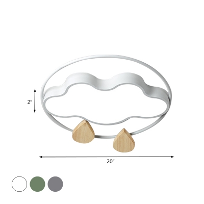 Nordic Raining Cloud LED Ceiling Fixture Acrylic Grey/White/Green and Wood Flush Mount Lighting for Bedroom