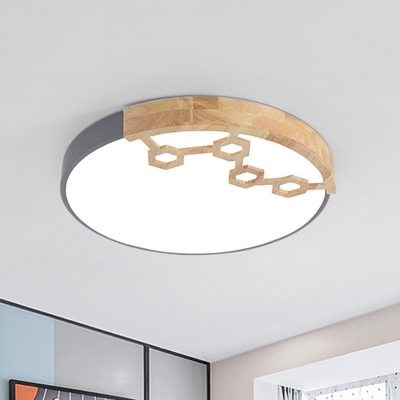 Nordic Round Acrylic Ceiling Flush Light LED Flushmount Lighting with Carved Hexagon Pattern in Grey/White/Green and Wood
