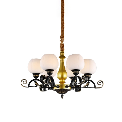 Opal Glass Floral Chandelier Lighting Fixture Classic 6 Lights Bedroom Pendant Light Kit in Black and Gold