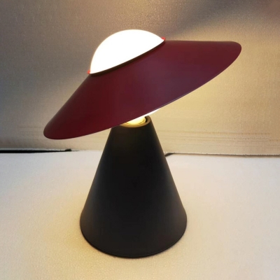 Opal Glass Flying Saucer Night Lamp Modern Novelty Single Black/Red Table Light in Cone Pedestal