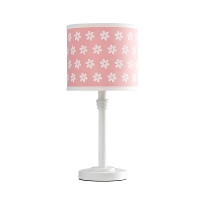 Pink Cylinder Night Lamp Contemporary 1 Light Hand-Worked Floral Fabric Nightstand Light