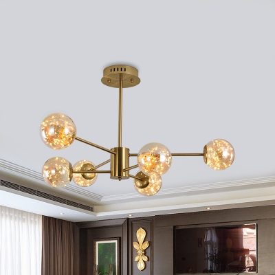 Postmodern Sputnik Pendant Chandelier Amber Ball Glass 6/8-Head Bedroom Hanging Light in Brass