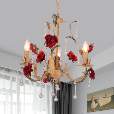 Red 3/6 Heads Chandelier Light Korean Flower Metal Candle Ceiling Lamp with Draping for Bedroom