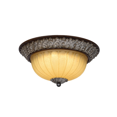Ribbed Glass Beige Ceiling Flush Foliage-Trim Bowl 2 Lights Country Style Flush Light Fixture
