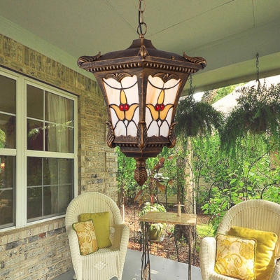 Rust/Bronze Lantern Pendant Countryside Frosted Glass 1-Light Courtyard Drop Lamp with Lily Pattern