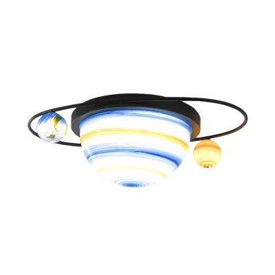 Semiglobe Bedroom Ceiling Mounted Light Blue Planet Glass 2 Heads Cartoon Flush Lamp in White/Warm Light