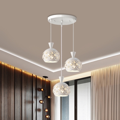 Simplicity Dome Shade Metal Cluster Pendant 3 Lights Crystal Hanging Light Kit in White