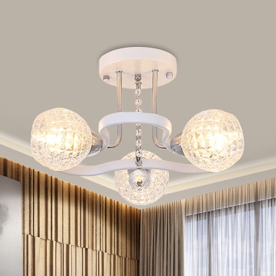 Sphere Crystal Semi Flush Light Modern 3/5 Bulbs Bedroom Flush Mount Lighting Fixture in White