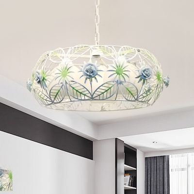 Sphere Milk Glass Chandelier Korean Flower 3-Head Living Room Drop Lamp in Blue with Round Cage