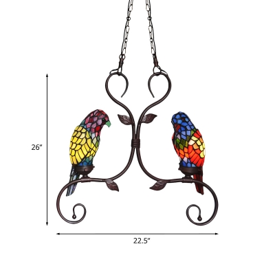 Stained Art Glass Parrot Chandelier Tiffany 2 Heads Bronze Pendant Ceiling Light with Scroll Arm