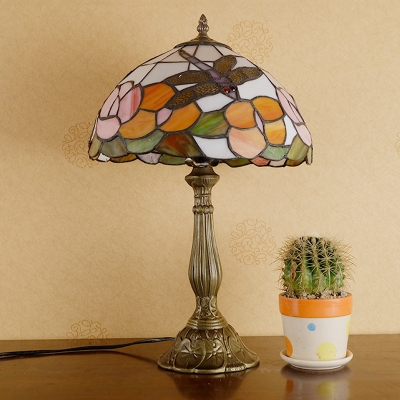 Stained Glass Beige/Pink Night Table Light Dome Shaped 1 Light Mediterranean Nightstand Lamp with Dragonfly and Petal Pattern