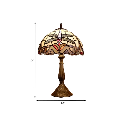 Stained Glass Bronze Night Table Lighting Dome 1-Head Mediterranean Dragonfly Patterned Nightstand Lamp