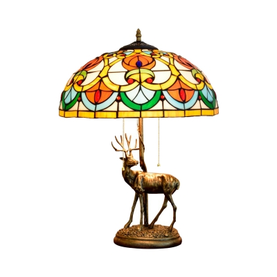 Stained Glass Dome/Floral Nightstand Light Victorian 2 Heads Yellow/Orange Deer Night Lighting with Pull Chain
