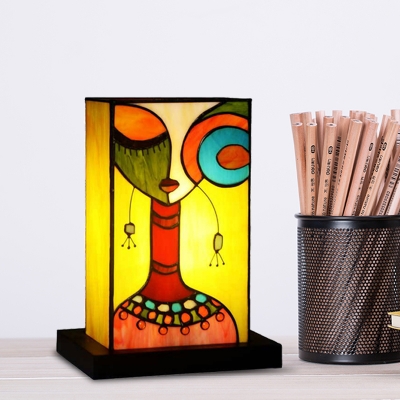 Stained Glass Rectangle Night Lamp Baroque 1 Light Black Nightstand Light with Woman Pattern