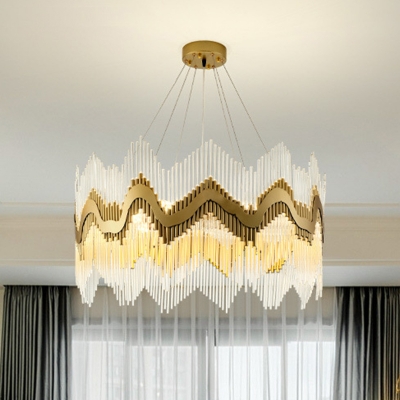 Strip Crystal Wave Pendant Chandelier Modern Style 8 Lights Living Room Suspension Lamp in Brass