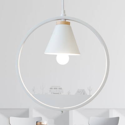 Tapered Iron Hanging Lamp Nordic 1 Light White/Black Ceiling Light with Ring and Sculpture Design