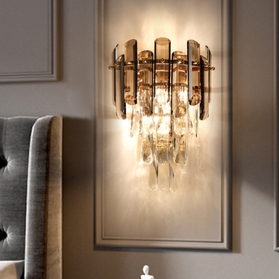 Tiered Tapered Bedside Flush Wall Sconce Mid Century 2-Light Smoke and Clear Crystal Wall Mounted Lamp