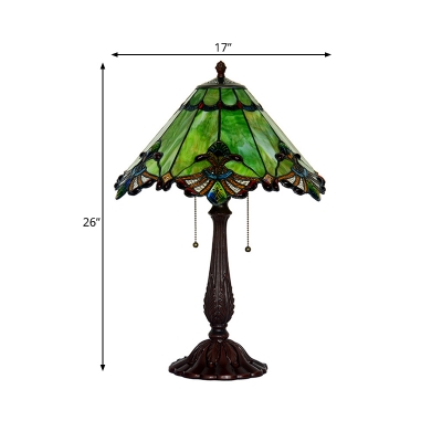 Tiffany Conic Nightstand Lamp 2 Lights Green Glass Table Lighting in Bronze with Pull Chain