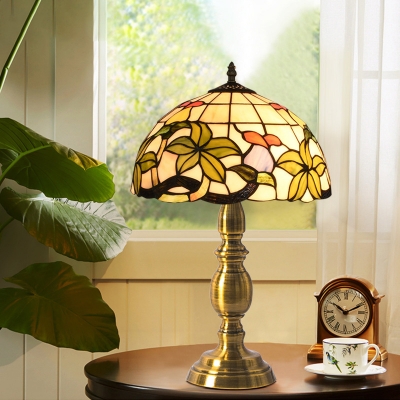 Tiffany Half-Globe Table Light Single Hand-Cut Stained Glass Nightstand Lamp in Brushed Brass