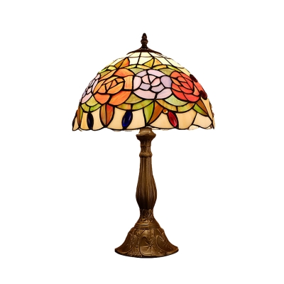 Cut Glass Bowl Shade Night Light Mediterranean 1-Bulb Beige/Red/Orange Petal Patterned Table Lighting for Bedside