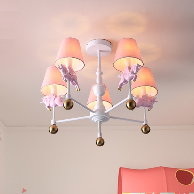 White Cone Chandelier Light Kids 3/5 Bulbs Fabric Pendant Lamp with Resin Unicorn Decoration