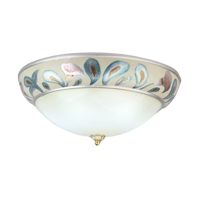 White Glass Bowl Flush Mount Light Korean Pastoral 3/4 Lights Living Room Ceiling Lamp with Leaf Pattern