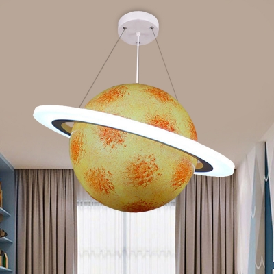 White Orbit Chandelier Light Fixture Creative LED Acrylic Hanging Pendant Lamp with Yellow-Brown Jupiter/Blue Earth/Orange Sun