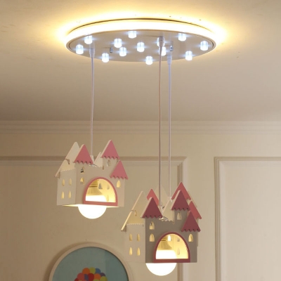 Wood Castle Shaped Semi Flush Light Kids 3 Bulbs White and Pink Flush Mounted Lamp
