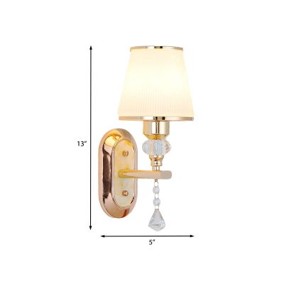 1/2-Bulb Wall Light Fixture Minimalist Tapered Cream Glass Sconce in Gold with Crystal Drop