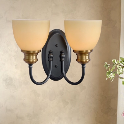 1/2-Head Wall Sconce Light Retro Dining Room Wall Lamp with Bowl Beige Glass Shade and Black Curved Arm