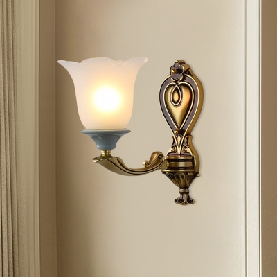 1/2-Light Wall Lighting Fixture Vintage Bloom Milk Glass Wall Sconce Light in Brass for Living Room