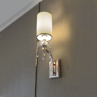 1-Bulb Cylinder Wall Mounted Light Simple Chrome Finish Pleated Fabric Candle Wall Lamp