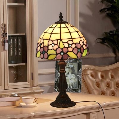 1 Head Bedside Nightstand Lamp Mediterranean Red/Blue/Purple Bloom Patterned Table Light with Bowl Stained Glass Shade