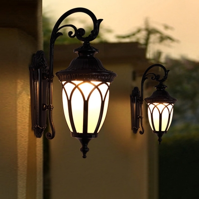 1-Head Sconce Lamp Rural Outdoor Wall Light Fixture with Urn White Glass Shade in Black/Bronze