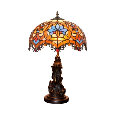 1-Light Night Table Lamp Tiffany Scalloped Stained Art Glass Petal Patterned Nightstand Light in Bronze