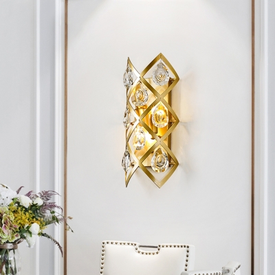 2 Bulbs Rhombus Wall Sconce Vintage Gold Metal Wall Mounted Light Fixture with Crystal Accent