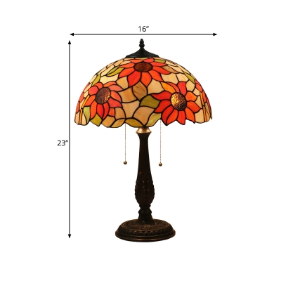 2-Head Desk Lighting Victorian Stained Art Glass Pull Chain Night Light in Bronze with Sunflower Pattern