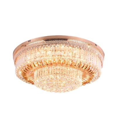 2-Layer Drum Flush Mount Lighting Contemporary Clear Faceted Crystal LED Gold Ceiling Flush