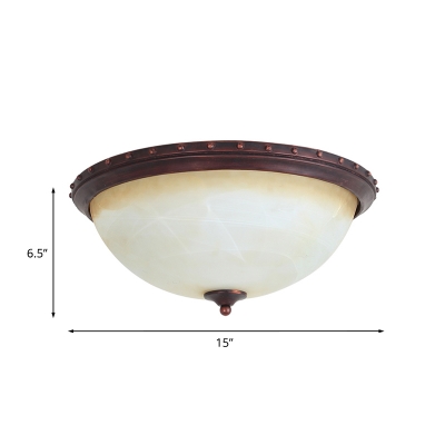 2 Lights Riveted-Edge Dome Flushmount Minimalist Brown Frosted Glass Ceiling Flush Light