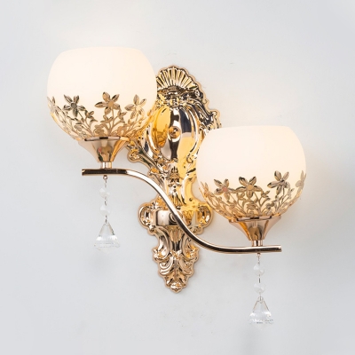2 Lights Wall Sconce Traditional Dome Milk Glass Wall Mount Light Fixture with Flower Decor in Gold