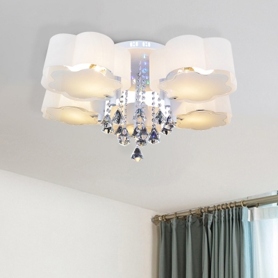 3/5-Light Flower Ceiling Flush Modernist White Glass Flushmount Lighting with Crystal Diamond Drape
