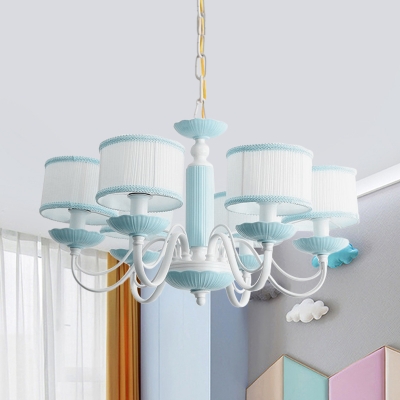 3/6 Heads Bedroom Hanging Lamp Macaron Pink/Blue Finish Ceiling Chandelier with Drum Fabric Shade