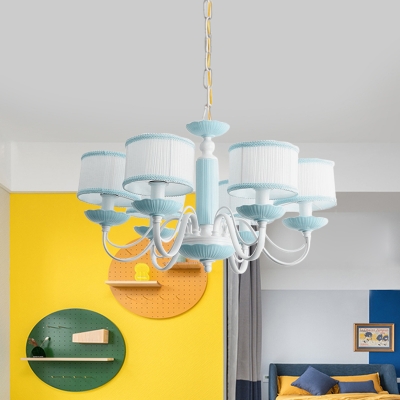 3/6 Heads Bedroom Hanging Lamp Macaron Pink/Blue Finish Ceiling Chandelier with Drum Fabric Shade