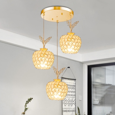3 Bulbs Apple Ceiling Light Contemporary Gold Multi Light Crystal Pendant over Dining Table