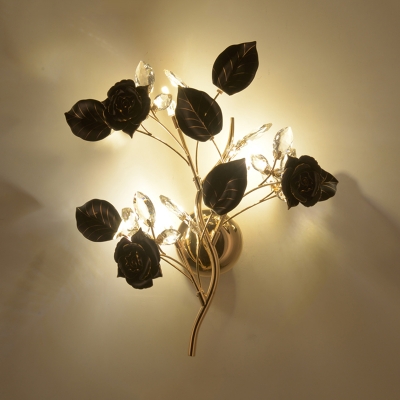 3 Heads Ceramic Wall Lighting Romantic Pastoral Black/White/Red Rose and Leaf Bedroom Sconce with Crystal Accent